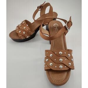 C Comfort Studded Sandals Women's 7M Brown Ankle Strap Chunky Heel Open Toe